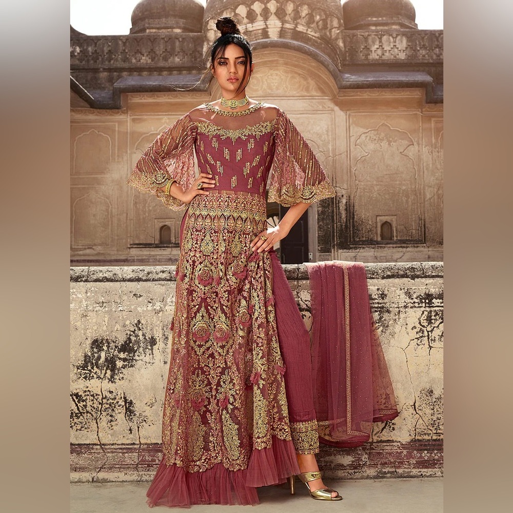 Rose Pink Embroidered Anarkali Lehenga/Pant Suit